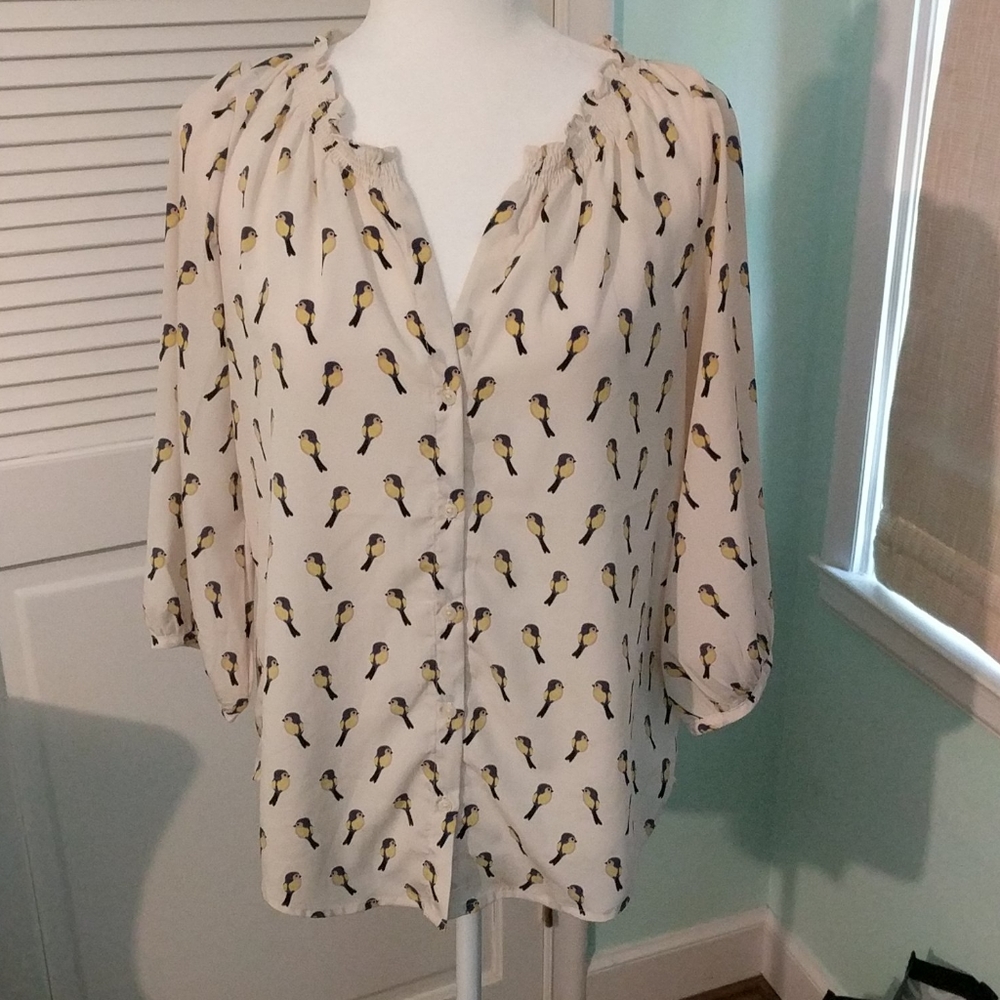 Cute 3/4 sleeve bird pattern blouse